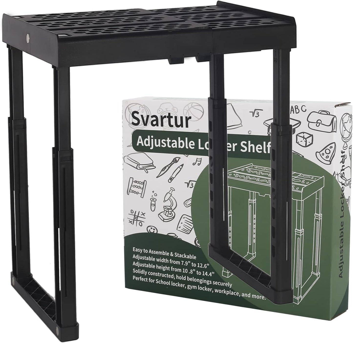 Svartur Locker Shelf - Adjustable Height & Width | Stackable Organizer for School & Gym Lockers - Black