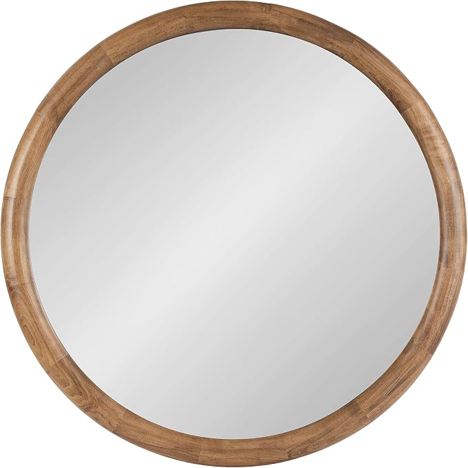 Kate and Laurel Dessa Transitional Round Wooden Wall Mirror; 32 Inch Diameter; Natural Rustic; Modern Circle Bathroom Vanity Mirror with Chunky Rounded Profile and Solid Poplar Wood Frame
