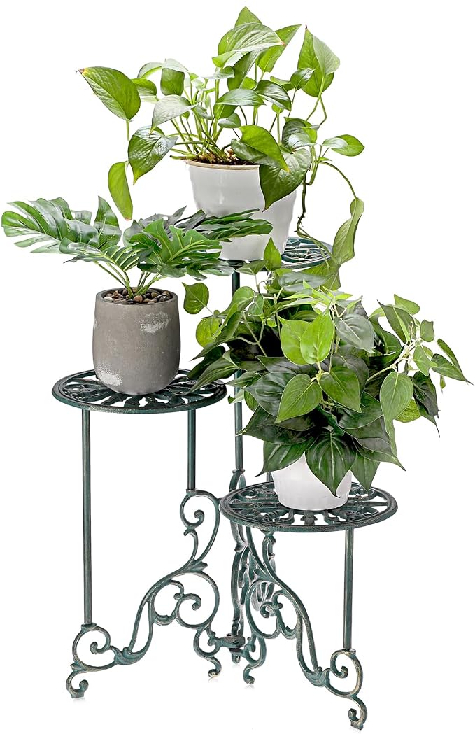 OwnMy 3 Tier Heavy Duty Cast Iron Plant Stand Foldable Wrought Iron Flower Pot Holder, Indoor Outdoor Tall Plant Stand Shelf for Garden Patio, Decorative Round Metal Plant Display Rack, Antique Green
