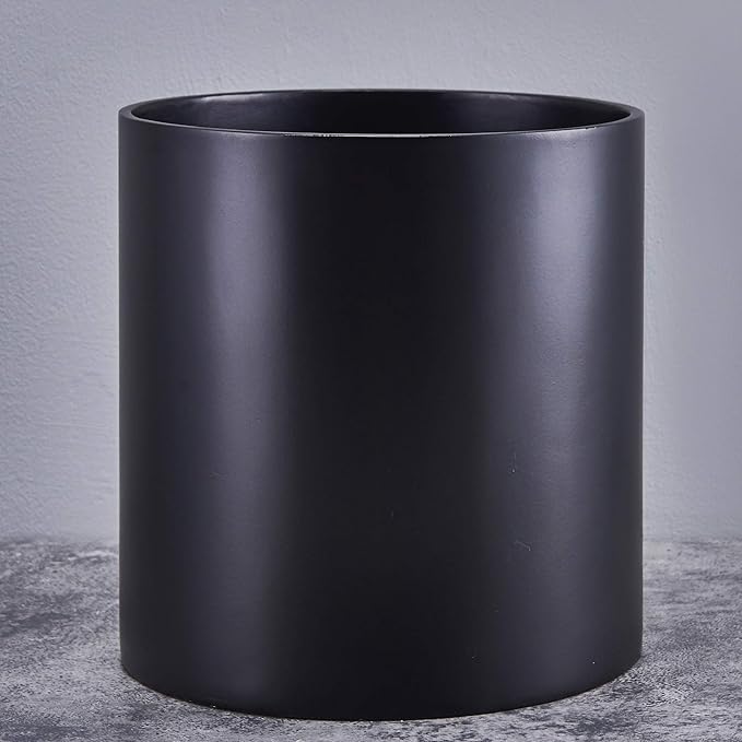 FaithLand 12 Inch Fiberstone Planter - Lightweight Modern Cylinder Plant Pot with Drainage Hole & Plug, Indoor Outdoor Use, Matte Black
