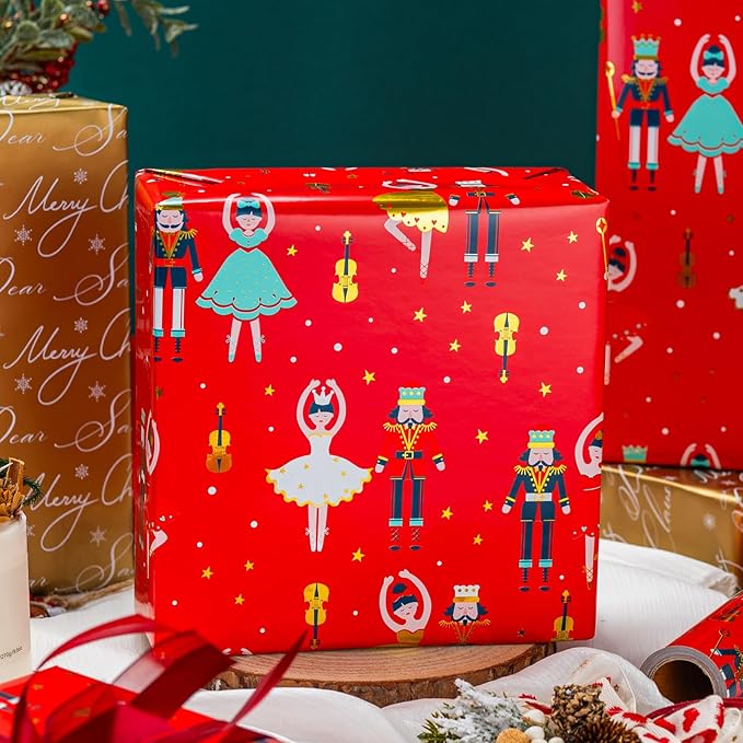 MAYPLUSS Red Christmas Wrapping Paper Roll - 17IN X 33FT - Christmas Nutcracker Gift Wrapping Paper Featuring Ballet Guitar Gold Star Reversible Gold for Kids, Holiday, New Year