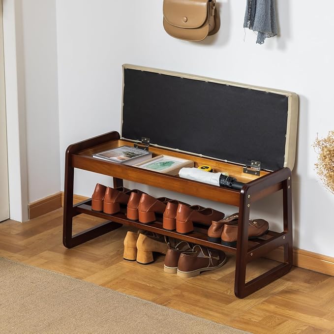 SOBIBO Solid Wood Shoe Bench, 2-Tier Entryway Bench with Cushion and Flip-Open Storage Box, Mid-Century Modern Shoe Bench Rack for Hallway, Mudroom(Gray, 31.5'')