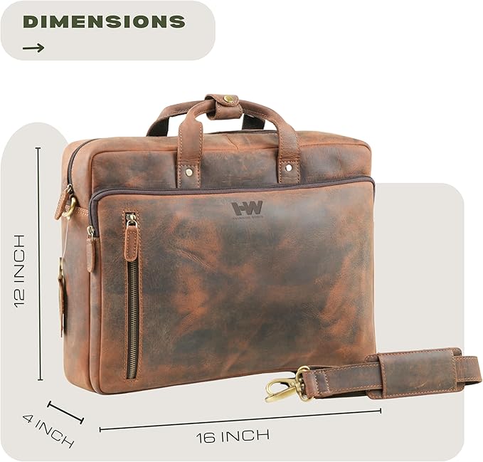 Handmade World Leather Briefcase For Men 'The Contemporary' Fits 17 Inch Laptop Computer Messenger Crossbody Shoulder Bag For Business Travel Office Work