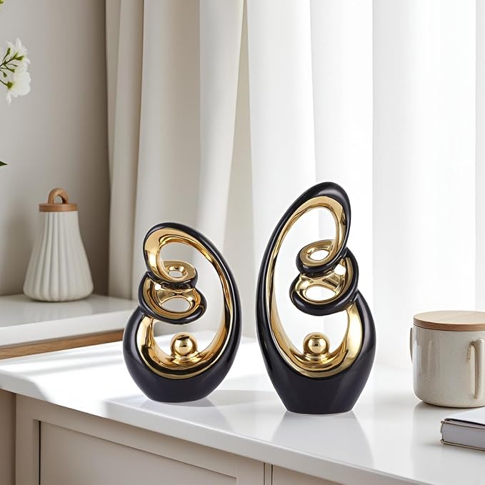 Black Ceramic Abstract Sculpture Statue,Mid Century Modern Gold Accent Decor,Porcelain Statues Art Deco Gold Show Piece for Home - Contemporary Tv Stand End Table Centerpieces (Black Gold)