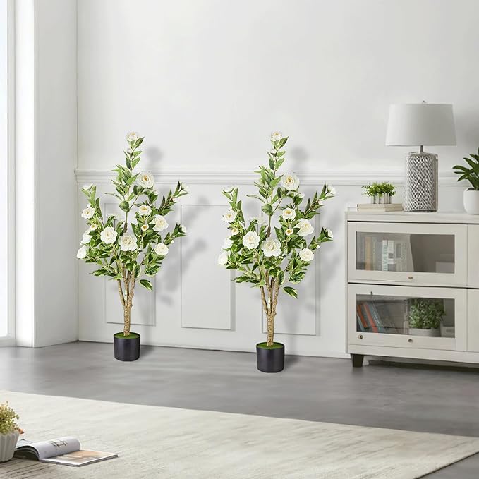 5.2FT Artificial Camellia Tree, White Silk Flower Faux Plant - Realistic Potted Greenery for Indoor/Outdoor, Office & Home Room Decor, Ideal for Wedding Venue Decoration