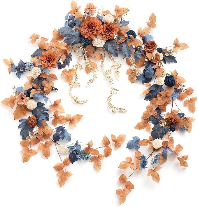 Ling's moment 9FT Eucalyptus & Willow Leaf Garland with White Flower, Handcrafted Wedding Sweetheart Table Centerpieces Head Table Decor Arch Backdrop Decorations for Wedding | Burnt Orange & Denim