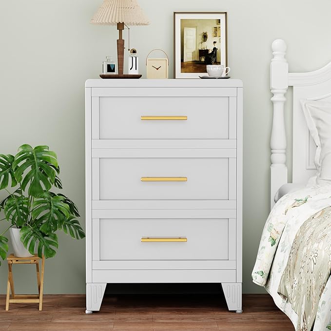3 Drawers Tall White Dresser for Bedroom, 35.43" Metal Dressers & Chests of Drawers Curved Corner Design, Storage Organizer Drawer Chest with Large Capacity for Living Room, Entryway, Hallway