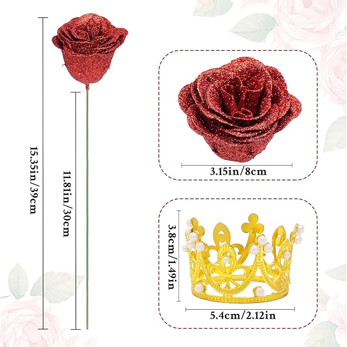 Waipfaru 24 Pcs Glitter Roses Bouquet, DIY Fake Flowers Bouquet, Artificial Red Rose Bouquet for Valentines, Anniversary, Engagement, Wedding