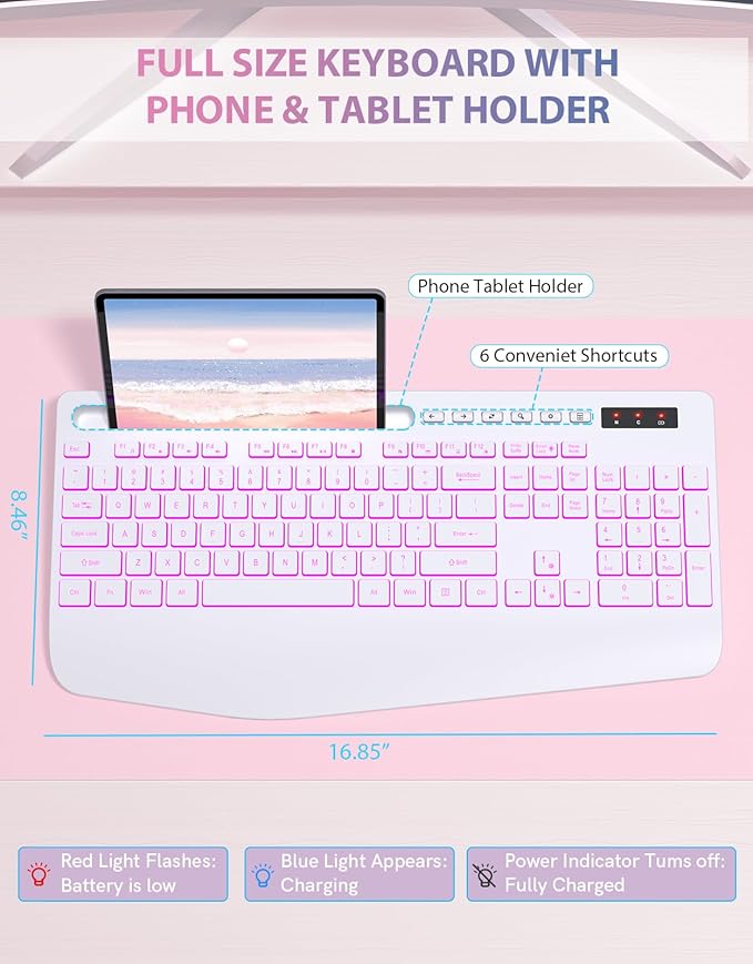 Trueque Wireless Keyboard with 7 Colored Backlits, Phone Holder, Wrist Rest, Rechargeable Ergonomic Keyboard with Silent Light Up Keys, Cordless Computer Keyboard for Windows, Mac, Laptop - (White)