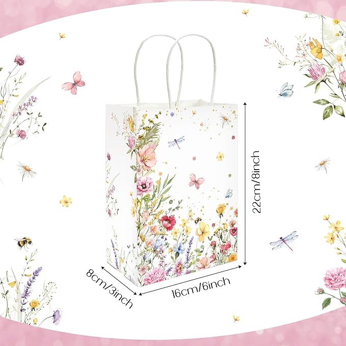 Lofaris 16PCS Wildflower Gift Bags - Floral Paper Bag with Handles, Small Wedding Party Favor Bag, Floral Gift Bags for Baby Shower, Bridal Shower, Birthday