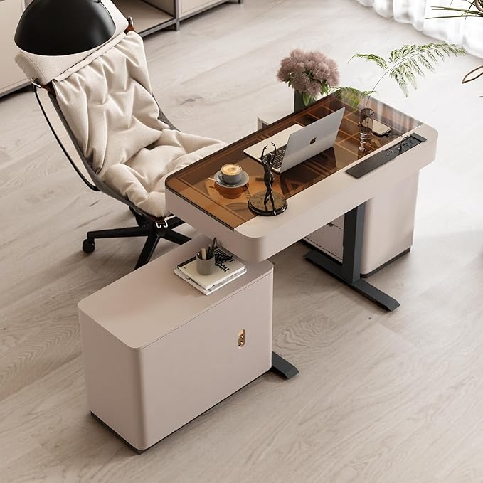 Lartis Office Desk, Electric Standing Desk with Built-in Outlets, Tempered Glass Top Modern Office Computer Desk with 2 Side cabinets (Pale Pink, 47)