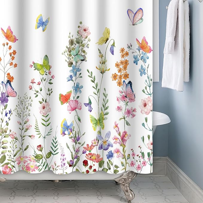 Spring Floral Butterfly Shower Curtain Summer Colorful Wildflowers Botanical Shower Curtain for Rustic Vintage Bathroom Decor Easter Shower Curtain Set 60x72 Inches