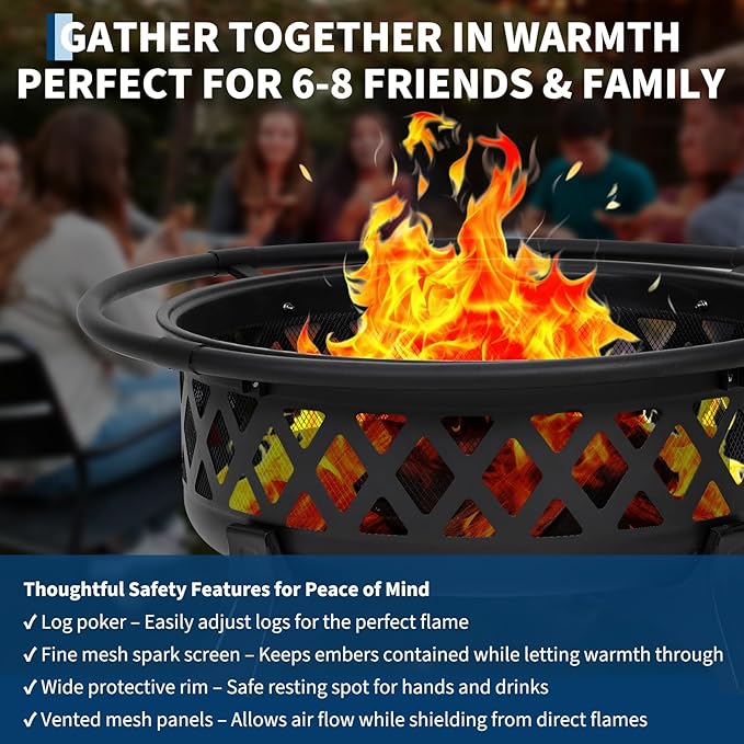 Outdoor Fire Pit 36 Inch Large Wood Burning with Lid Poker, Heavy Duty Round BBQ Firepit & Cold Rolled Steel for Outside, Patio, Picnic, Party