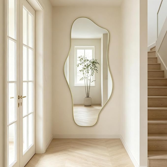 Irregular Full Length Mirror, 67"x31" Large Asymmetrical Tempered Glass Mirror, Gold Organic Frameless Wall Mirrors for Entryway Hallway Bedroom Living Room, Horizontal or Vertical Hanging