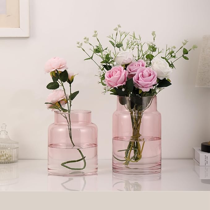 Large Glass Vase, Pink Glass Vase Set of 2, Large Flower Vases for Bouquet, Tall Wide Mouth Vases for Flowers, Home, Wedding, Living Room, Office Decor, 7"+9"