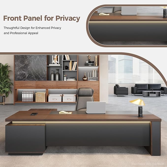 L-Shaped Executive Desk with LED Lights, Lockable Storage & 3-in-1 Charging Station, Reversible Cabinet, Modern Wood Office Desk for CEO, Manager & Home Office(Red Walnut+Black, 71"L*63"W*30"H)