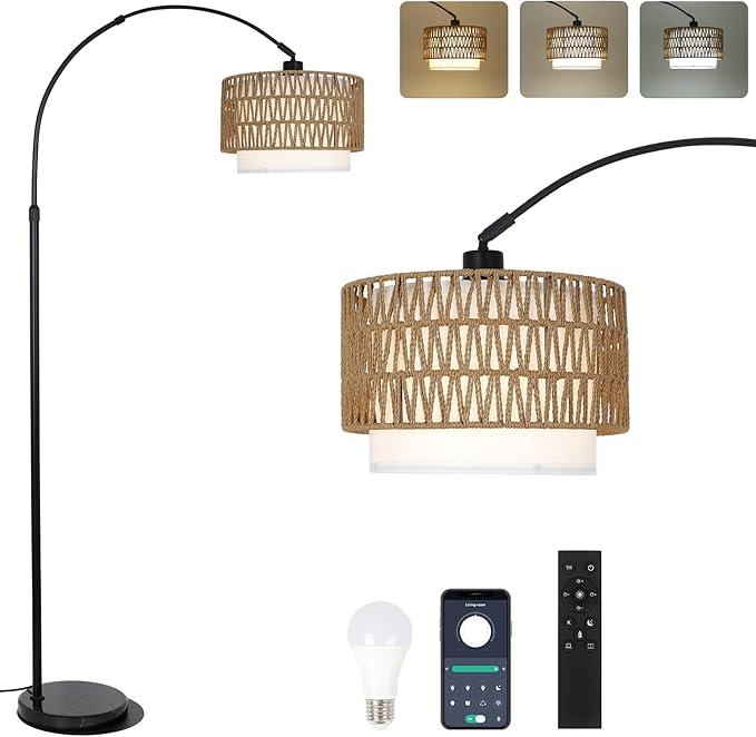 eyassi Arc Floor Lamp with Remote, Modern LED Floor Lamp with Dimmable Bulb, Boho Farmhouse Standing lamp with Fabric & Rattan Lampshades, Height Adjustable Black Tall Lamp for Living Room Bedroom
