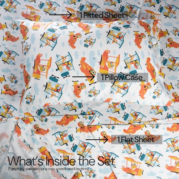 Salt Earth 100% Cotton 210TC Kids Bedsheet, Twin Sheets Set for Toddler Bed, 3 Piece Bedding Set Including Flat Sheet, Fitted Sheet, and Pillowcase, Themed Sheets for a Playful Kids Bed (Helicopter)