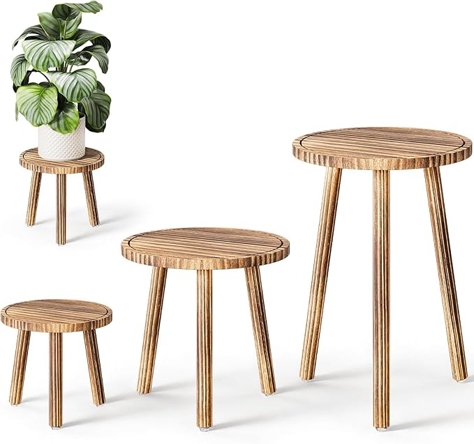 Uneedem Plant Stand Indoor - 3-Pack Taller Single Wood Plant Stand for 6-12 Inch Pots, Mid-Century Modern Plants Stool for Large Plants, Small Round Wooden Planter Table for Living Room, Balcony