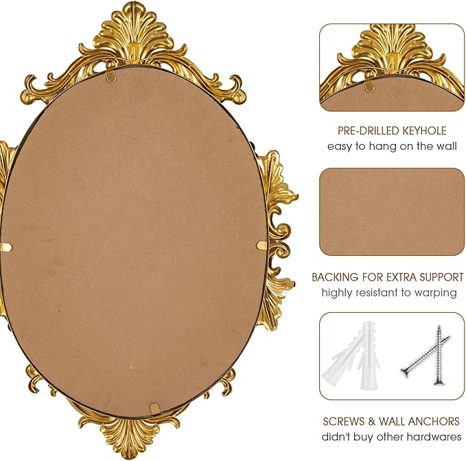 Gold Oval Wall Mirror, 19"x27" Vintage Decorative Baroque Hanging Mirrors for Bedroom, Living Room Dresser Decor, Entryway