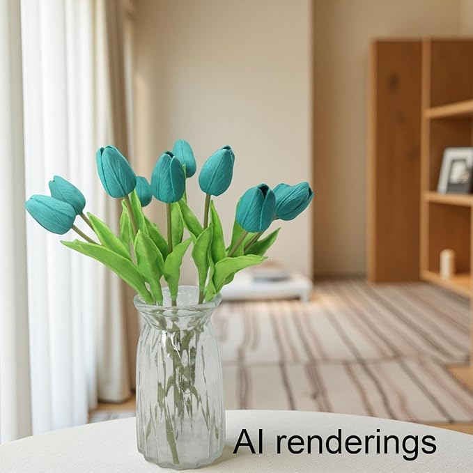 Artificial Flowers 10 Heads Mini Real Touch Artificial Tulip for Home Wedding Party Centerpiece Decoration (Dark Teal)