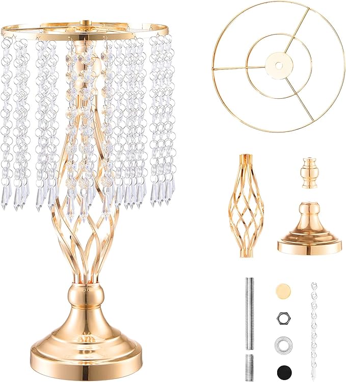 VEVOR 20PCS 43cm/16.9” Tall Crystal Wedding Flower Stand, Metal Wedding Centerpiece Vase, Gold Flower Holders Floral Display Rack for Tables Wedding Dinner Party, Ceremony Birthday Event Decor