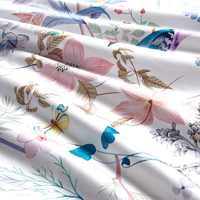 mixinni King Size Duvet Cover Purple Flowers Bird Bedding Sets Shabby Chic Boho Long-Staple Cotton Duvet Cover Set with Zipper Ties 1 Duvet Cover+2 Pillowcases, Ultra Soft, Breathable-King Size