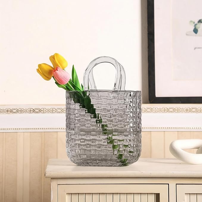 Glass Purse Vase, Purse Vase for Flowers, Black Purse Flower Vase, Wide Mouth Glass Bag Vases, 10 Inch Large Glass Vases, Handbag Shaped Vases for Home, Office Decor