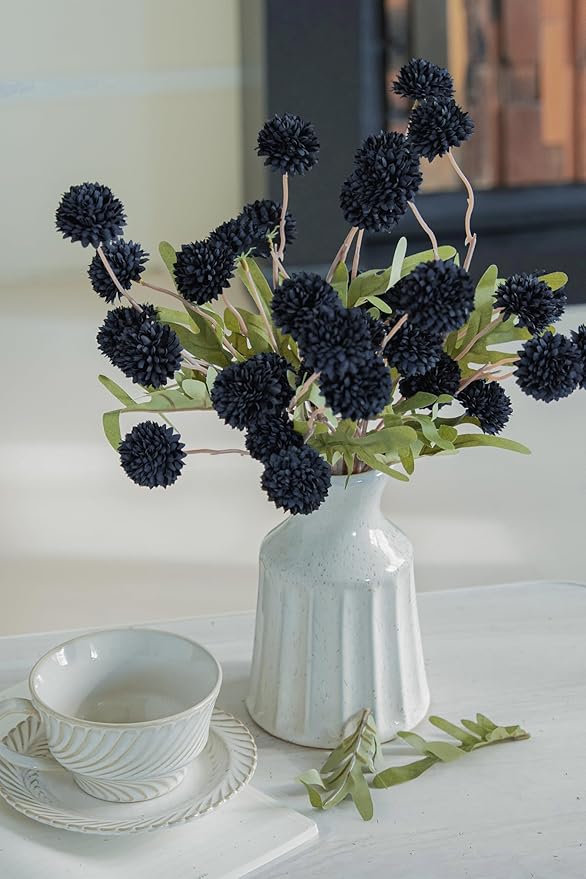 Laelfe Black Kiku Artificial Flower - 5 Pcs Fake Pompon Mums Silk Small Chrysanthemum Faux Ball Fall Flower Stem Decor for Halloween Wedding Filler DIY Bouquet Centerpieces Arrangements Shower(Black)