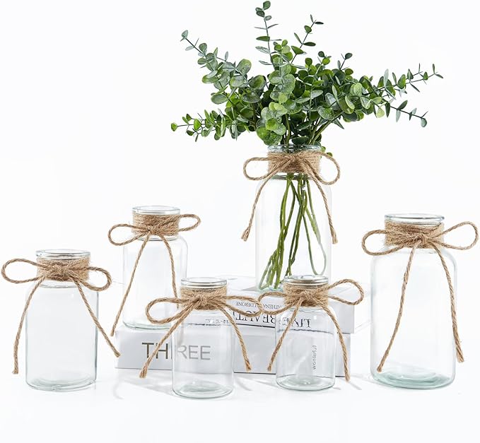 Vintage Glass Vases for Flowers, Set of 6 Clear Vases for Farmhouse Wedding Centerpiece Cylinder Bottle for Reception Table Decor Housewarming Birthday Floral Arrangements (S+M+L)
