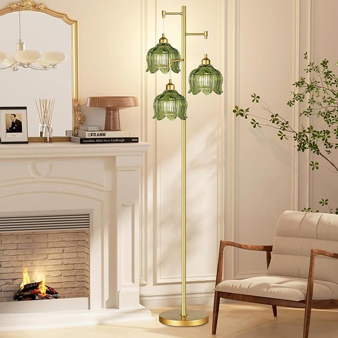 QIYIZM Gold Floor Lamp for Living Room,Bedroom,Mid Century Modern Standing Lamp Brass Tree 3 Light Tall Floor Lamps Vintage Retro Floor Lights Glass Green Flower Lamp Shade Farmhouse Boho Bohemian