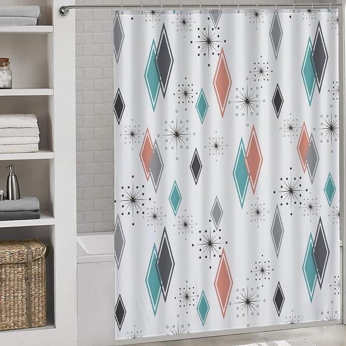 Mid Century Modern Shower Curtain,Retro Abstract Atomic Starburst Geometric Diamond Pattern Shower Curtains Set for Bathroom Fabric Decorative Bath Curtain Washable Curtain Hooks, 72x72 in