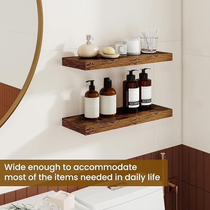 Dreamland Floating Shelves, 20Inch Rustic Wooden Wall Shelves for Bathroom|Bedroom|Kitchen, 2 Pack Deep Wall Mounted Book Shelf, Wood Storage Display Shelf for Home Decor, Rustic Brown