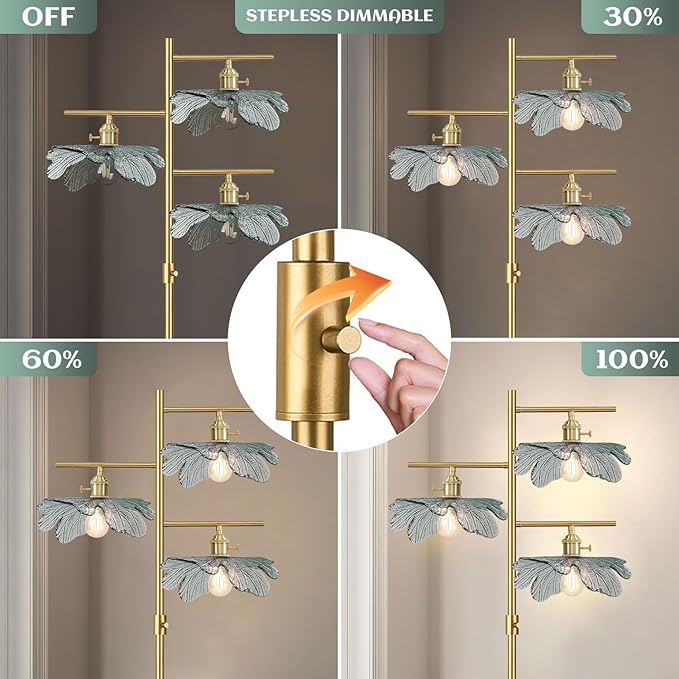 65" Dimmable Gold Floor Lamp, 3-Light Antique Brass Tree Standing Lamp with Dark Green Flower Glass Shade, Rustic Tall Floor Light for Bedroom Corner Living Room Study Office