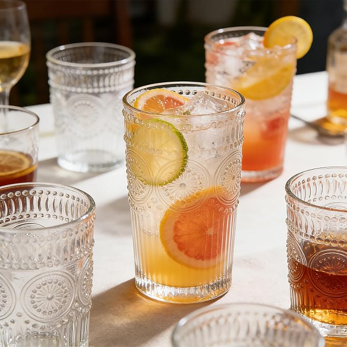 Loivttvv 12pcs Vintage Drinking Glasses Set, 12 oz Highball Glasses & 9 oz Embossed Ribbed Glassware Cups for Cocktail, Water, Juice, Coffee, Whiskey (Clear)