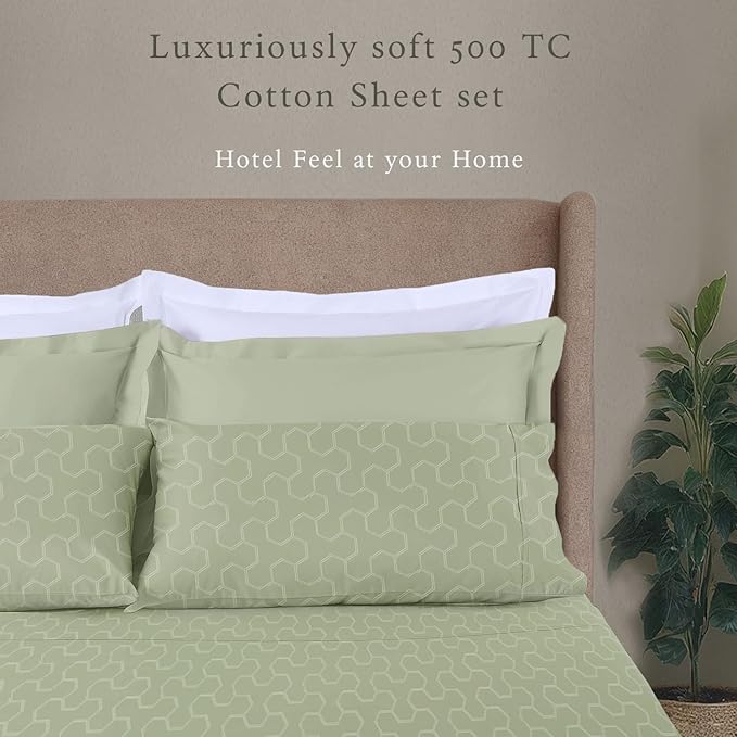 Threadmill 500 Thread Count King Size 4 Pc Luxury Cotton Bed Sheet Set, Jacquard Floria Sage Green, Silky Soft Sheets with 16" Elasticized Deep Pocket, 2 Pillowcases & Free Tote Bag