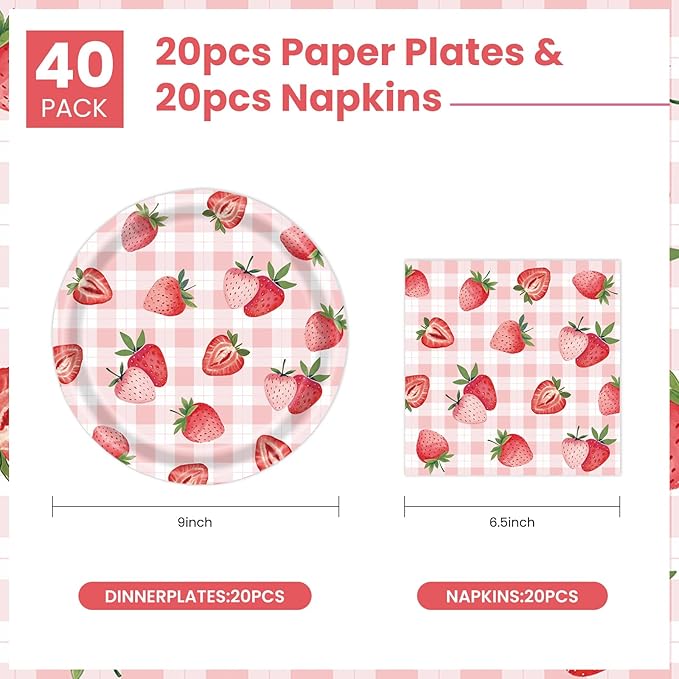 40 Pcs Strawberry Plates and Napkins Party Supplies, Pink Gingham Disposable Paper Plates and Napkins Tableware Set for Strawberry Shortcake Baby Shower Birthday Party Decorations