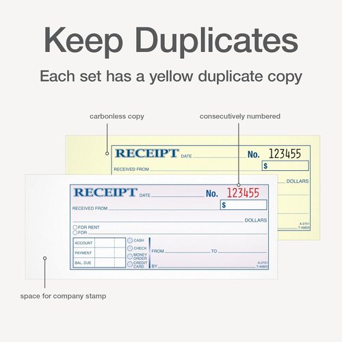 Adams Money & Rent Receipt Book - Carbonless 2-Part | 50 Sets, 2.75 x 7.19 Inch, White & Canary
