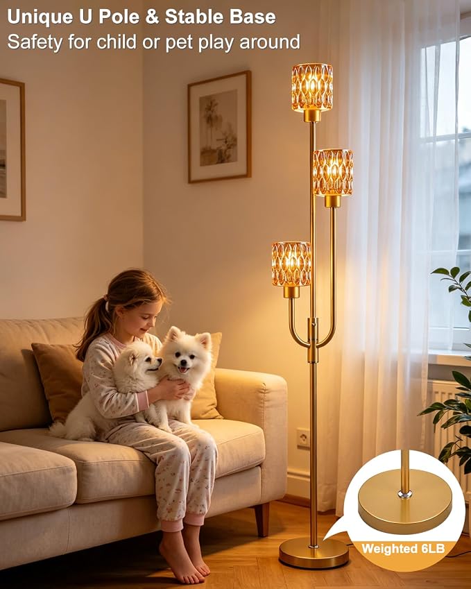 66IN Glass Floor Lamp 3-Lights Modern Gold Dimmable Floor Lamps with 3000K Warm White Bulbs for Wedding Party Modern Standing Tall Lamp with Amber Glass Shade for Living Room/Bedroom/Home Decor