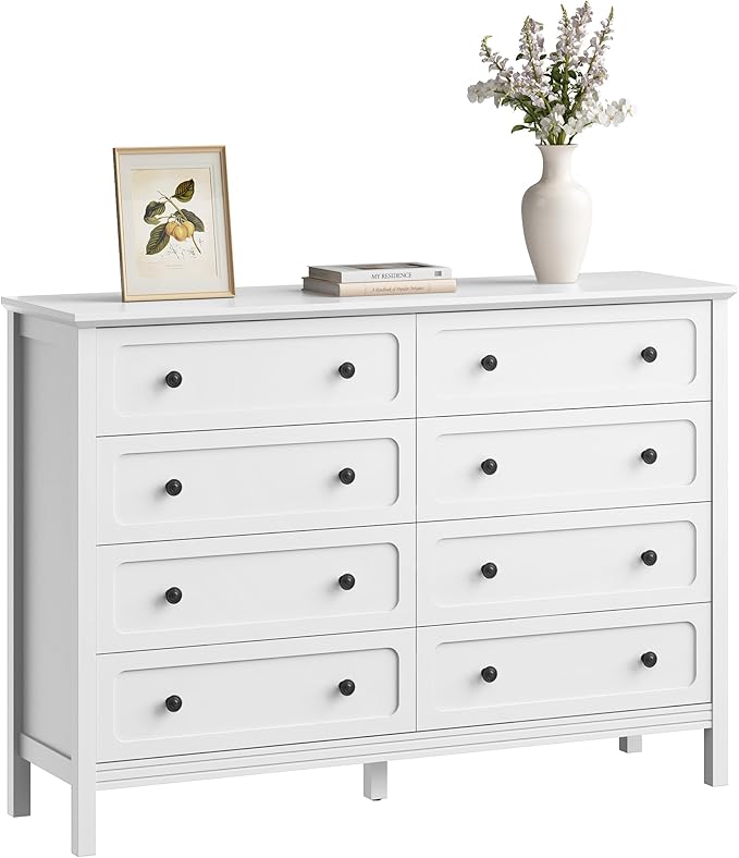 CARPETNAL White Dresser for Bedroom, 55" Wide 8 Drawer Dresser with Metal Handles and Deep Drawers, Modern Large Wood Chest of Drawers for Living Room, Hallway.
