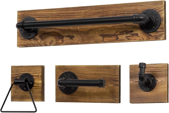 MyGift 4-Piece Bathroom Hardware Set Toilet Paper Holder with Burnt Wood and Industrial Matte Black Metal Pipe Includes, Towel Ring, Towel Bar and and Robe Hook