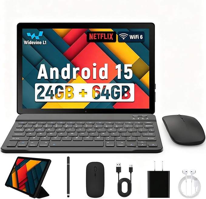 Latest 2025 Upgraded Android Tablet 10.1 Inch with IPS HD Touch Screen, Dual Camera, 64GB Storage 1TB Expansion, 8 in 1 Tablets Kit with Keyboard, Protective Case, Mouse, Stylus, BT 5.4, WiFi 6