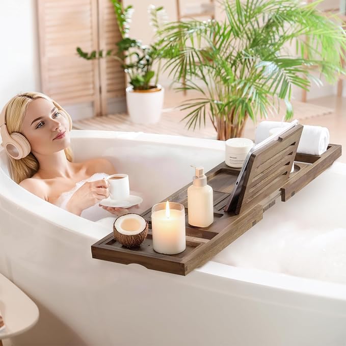 Teak Bathtub Tray, Expandable Bath Tray for Tub 28–40in, Foldable Bath Caddy with Wine Holder, Phone & Tablet Stand, Wooden Bathtub Organizer, Luxury Spa Bathroom Accessories Gift - Dark Walnut Finish