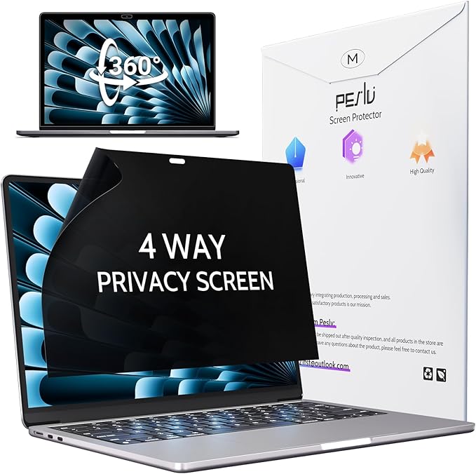 Peslv 360° 4 Way Privacy Screen for Macbook Air 13 (2018-2021, M1) & Macbook Pro 13 (2016-2022, M1, M2), Anti Glare Blue Light Spy Filter Private Cover, Black Security Protector for Mac Laptop