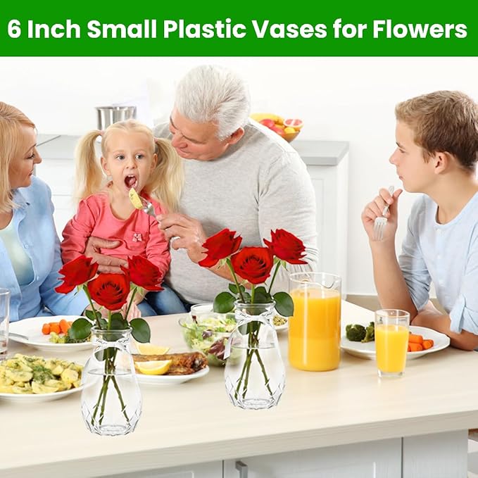 20 Pack Plastic Vases, 6 Inch Bulk Clear Acrylic Vase with Wrapping Ribbon, Small Plastic Vases for Centerpiece Flowers Home Wedding Party Decorations