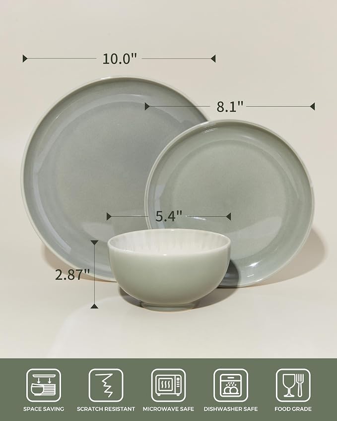 Pokini Stoneware Dinnerware Sets for 6, Microwave Safe Plate and Bowl Set, Easy to Clean & Durable Dishes Sets for Small to Medium Families, Gray Green