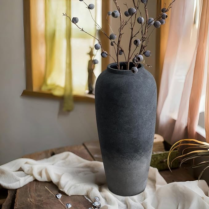 15 Inch Rustic Ceramic Vase, Black Flower Vase for Centerpieces, Farmhouse Decor for Living Room, Entryway & Kitchen, Vintage Pottery Vases for Wedding Gifts