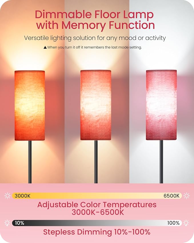 Dimmable Floor Lamps for Living Room with Remote and Foot Switch, 64.4” Modern Standing Tall Lamp, Corner Lamp for Bedroom, Bulb Included, 3000K-6500K, FCC Listed, Sakura Pink and Black CP06LD05W1