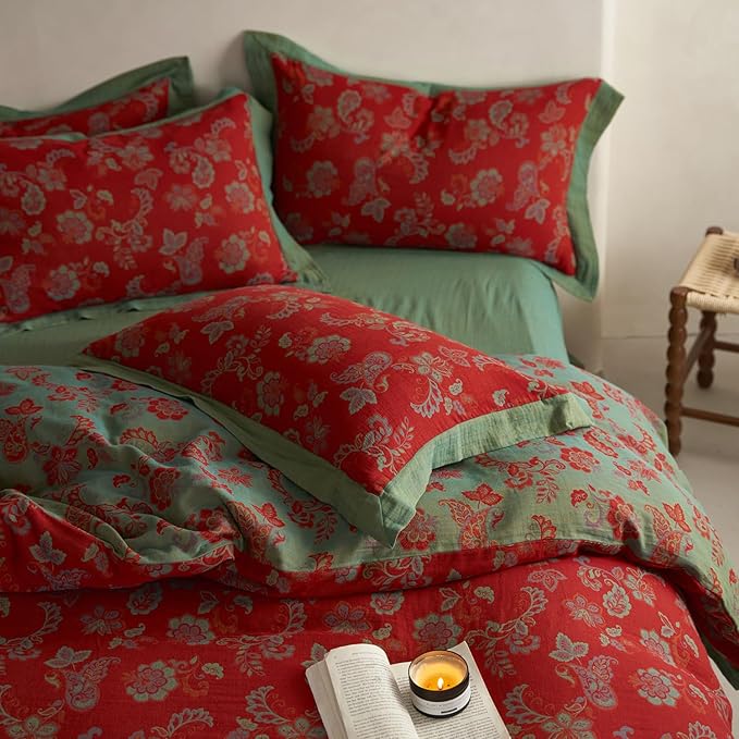 mixinni Exquisite Vintage Red Floral Duvet Cover Queen Size Yarn-Dyed Jacquard Textured Design Duvet Cover Set with Green Edge Design Premium Muslin Cotton-Linen Bedding Set for All Season-Queen Size