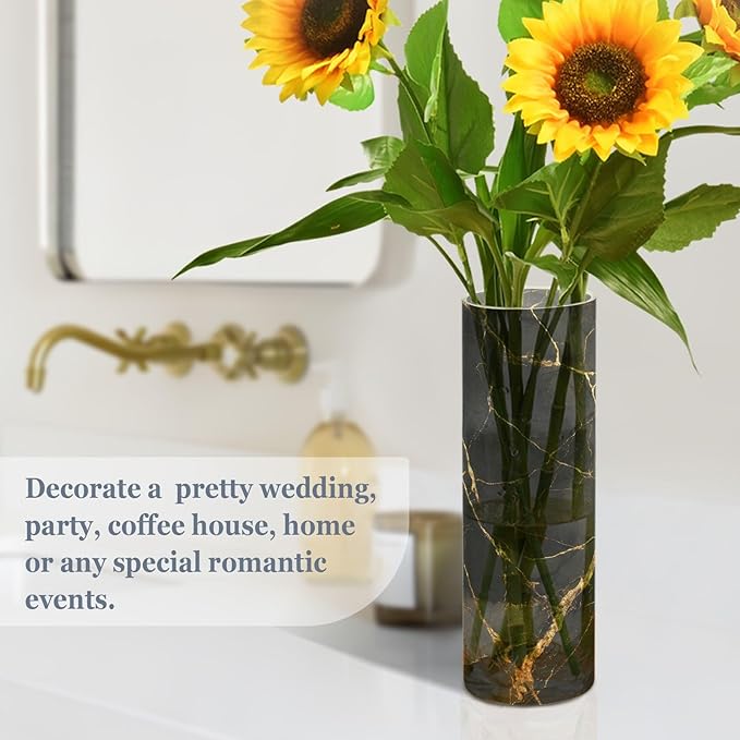 xmyzcd Gold Black Marble Vase Cylinder Vases Clear Plastic Flower Vase Easy to Clean for Centerpieces Homes, Offices, Kitchens